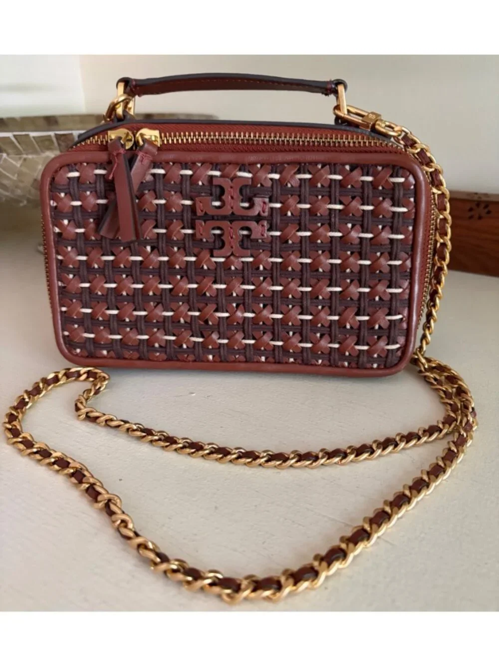 TORY BURCH Britten Woven Small Top Handle Case Bag Brown Gold Crossbody